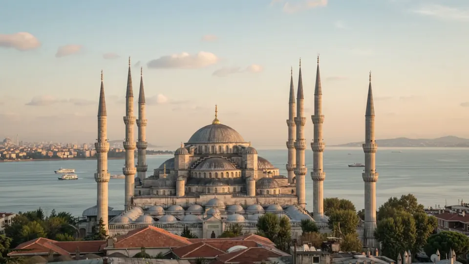 Panoramic view of the Blue Mosque with its domes and minarets