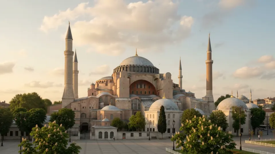 Warm frontal view of Hagia Sophia from Sultanahmet Square