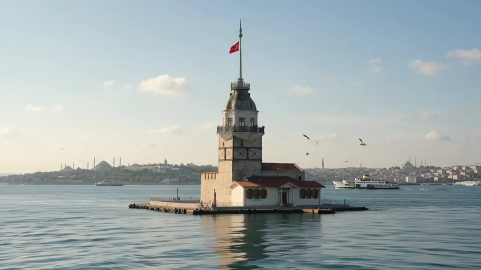 Maiden’s Tower seen from the Bosphorus with surrounding water traffic