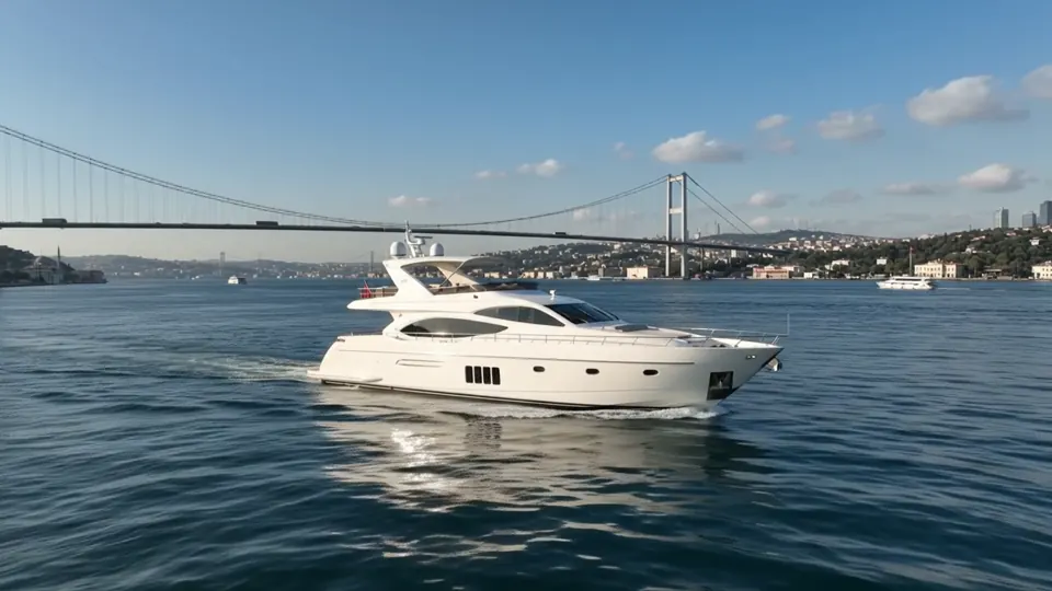 White yacht moving along the Bosphorus with Istanbul on the shoreline