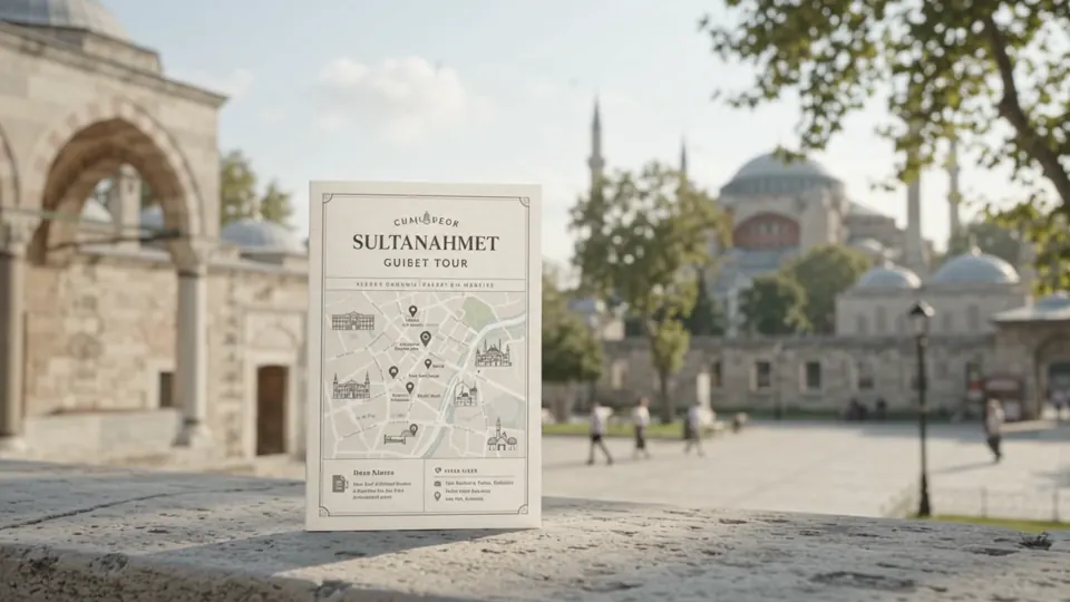 Printed guide map showing an Istanbul tour route in a historic square