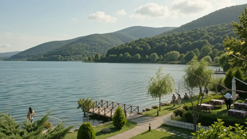 Calm lake, trees and mountain outline representing the Sapanca landscape