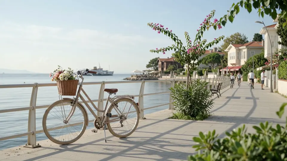 A bicycle parked on a quiet promenade beside the sea